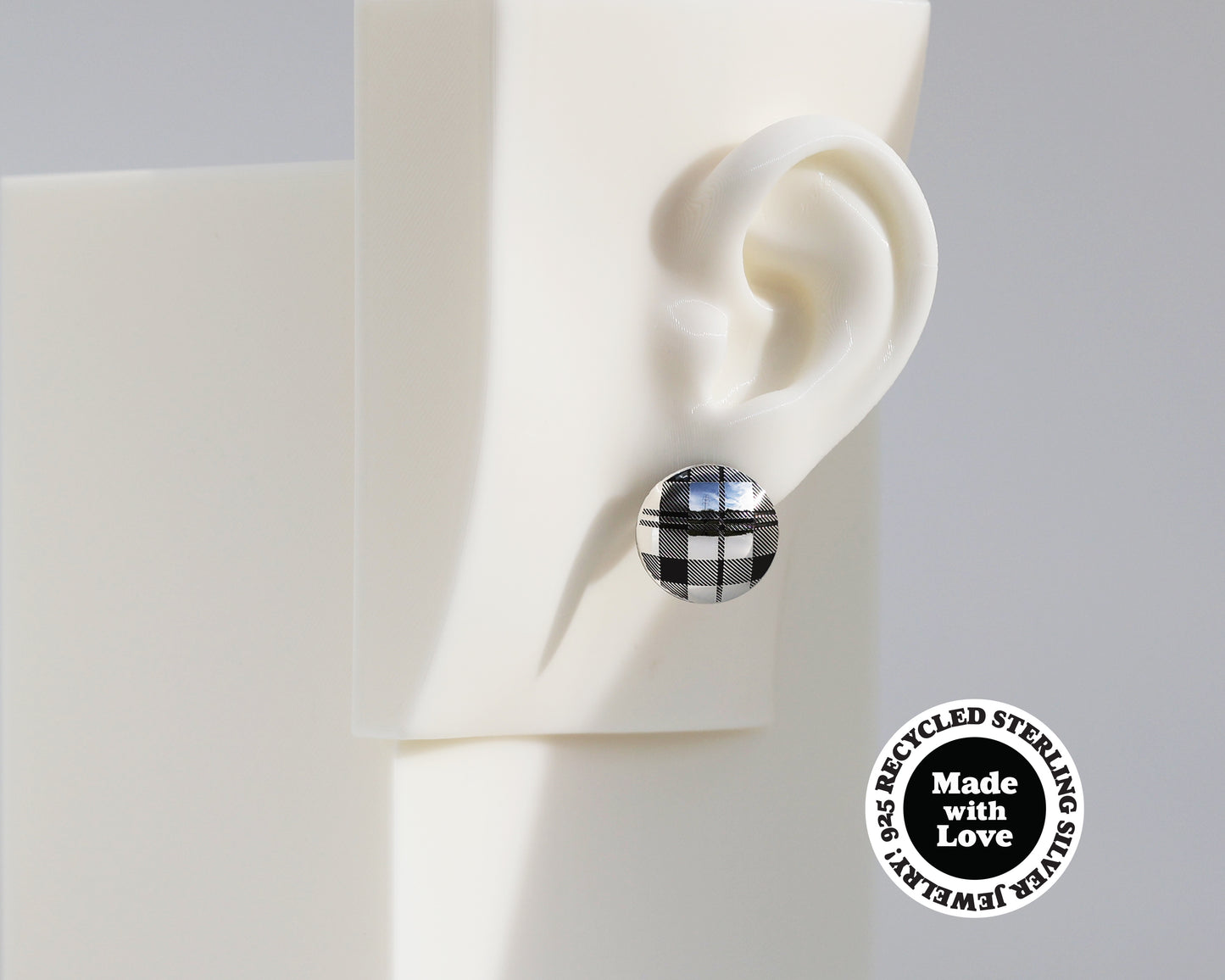 Mismatched "Plaid" & "Houndstooth" Sterling Silver Dome Earrings #AD009